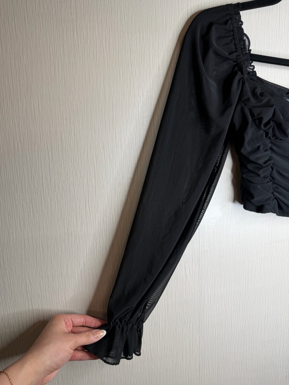 Forever 21 Black Mesh Sleeve Crop Top Ruched Corset Dark Romantic Whimsigoth M - Picture 7 of 7